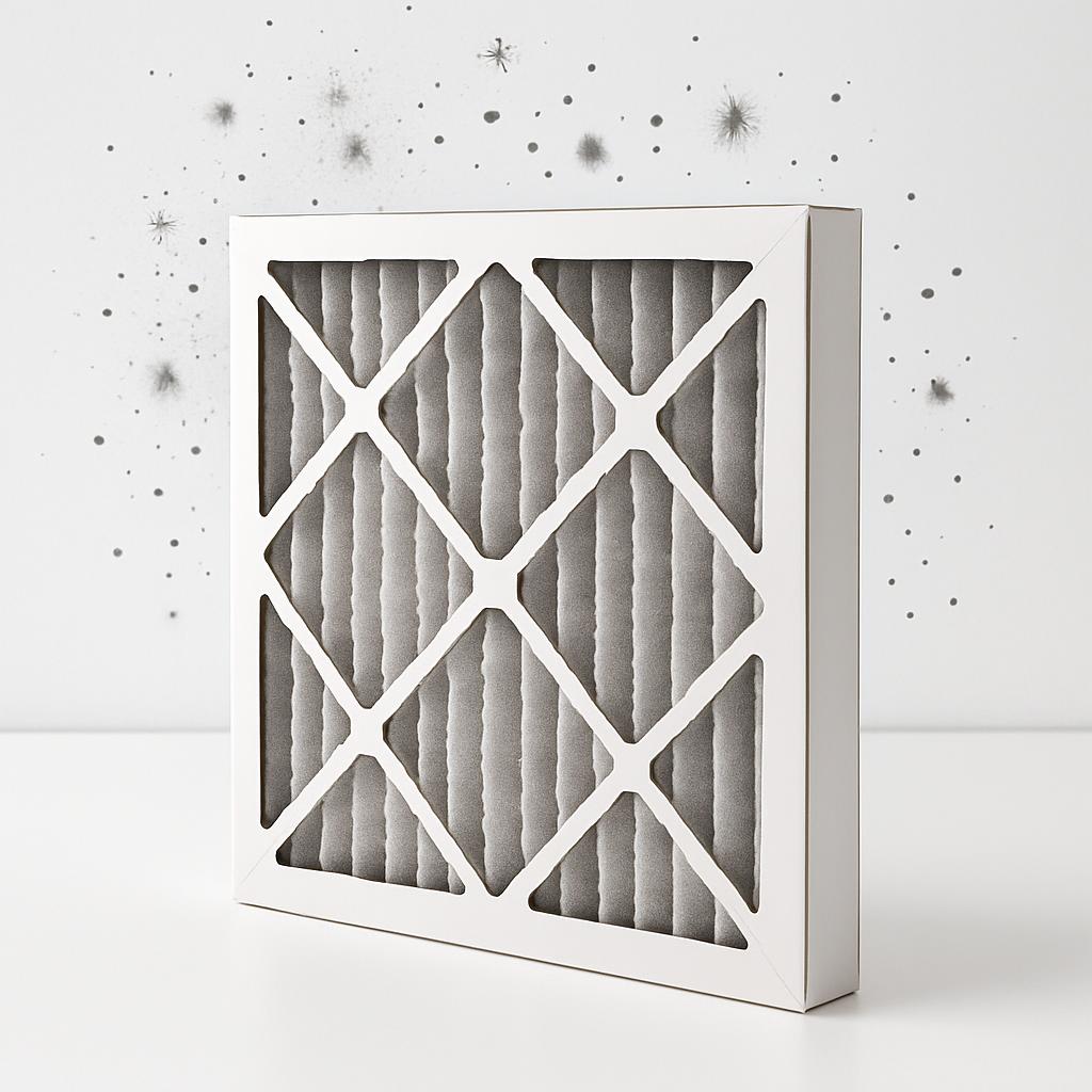 This image features a disposable air filter with a silver-gray stringy material covering six rectangular-shaped periods, s...