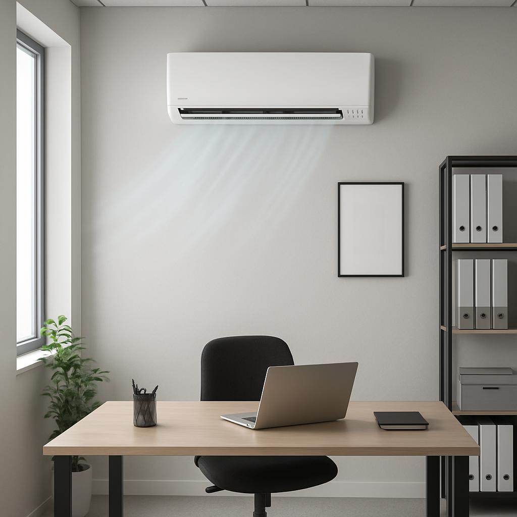 An office room contains a desk, chair, window, and air conditioning unit. The decor is plain, with minimal accents.