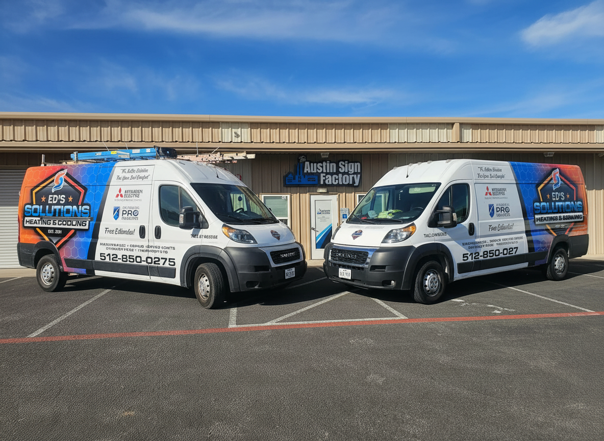 Two white HVAC service vans parked side by side in a driveway, both vehicles fully visible with company branding, shot in landscape orientation